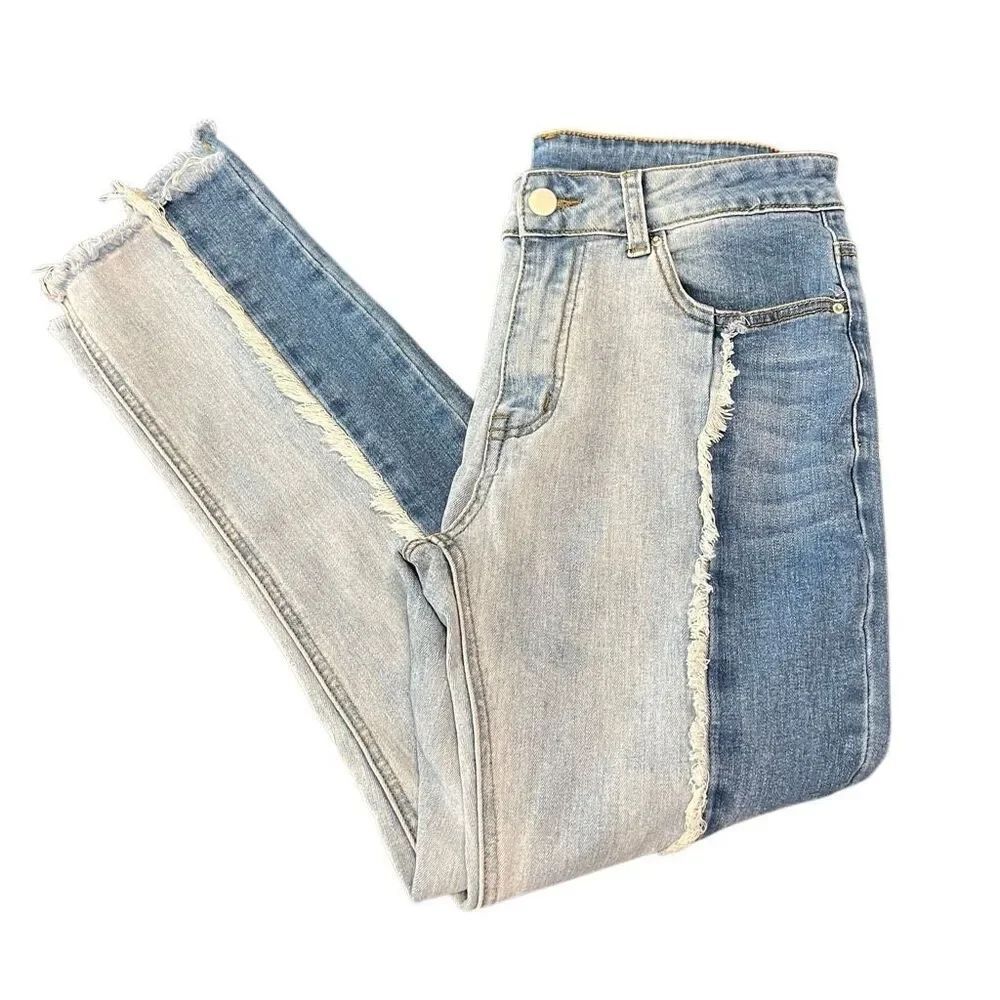 Hayden Los Angeles Women's Two-Toned Distressed Frayed Skinny Jeans Blue Small
